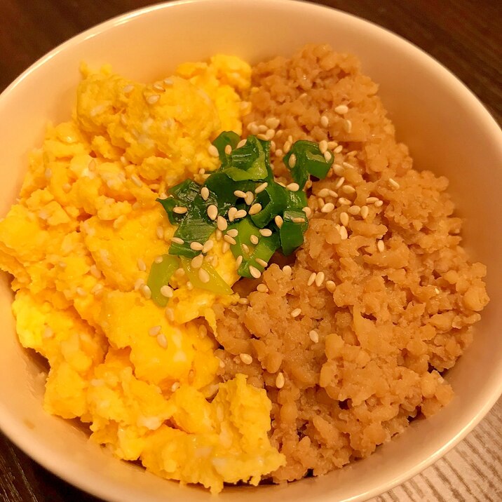 電子レンジ１０分！二色そぼろ丼　油不使用ヘルシー！